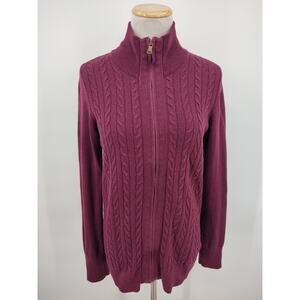 Talbots Women's Full Zip Cable Knit Cardigan Maroon Mock Neck Medium